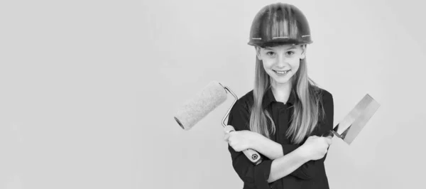 Positive Teen Child Builder Hard Hat Paint Roller Spatula Yellow — Stock Photo, Image