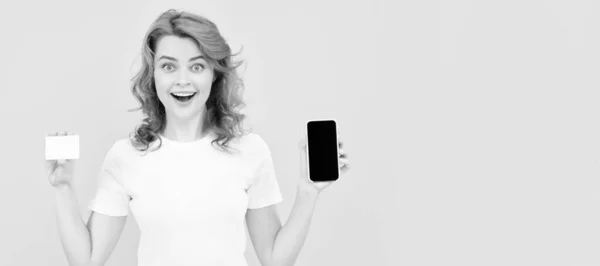 Surprised Girl Showing Credit Debit Card Smartphone Make Online Shopping — Photo