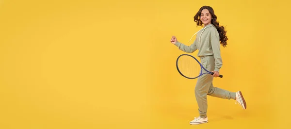 Happy Energetic Kid Jump Sportswear Tennis Racket Running Success Active —  Fotos de Stock