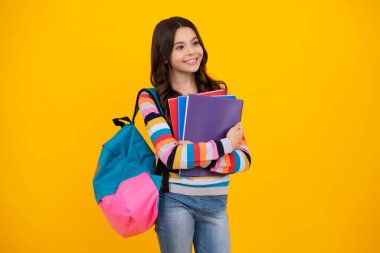 Kitapları ve defterleri olan mutlu liseli kız. Tecrit edilmiş bir geçmişi olan liseli kız öğrenci. Öğrenme ve bilgi. Git çalış. Eğitim kavramı