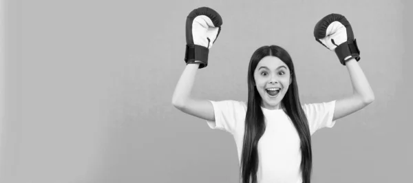 Happy Kid Boxer Celebrate Victory Boxing Gloves Sport Training Copy — Fotografia de Stock