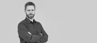 You can always be confident. Confident man keep arms crossed grey background. Casual style. Man face portrait, banner with copy space