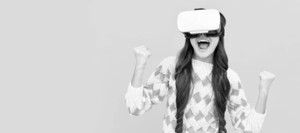 Kind Mit Virtual Reality Brille Moderne Drahtlose Technologie Kindheitsentwicklung Banner — Stockfoto