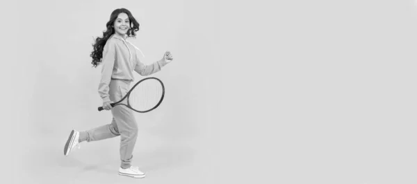 Happy Energetic Kid Jump Sportswear Tennis Racket Running Success Active —  Fotos de Stock