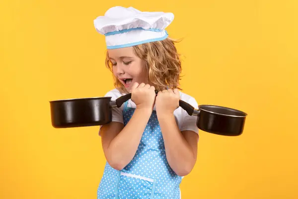 Kid Chef Cozinheiro Com Panela Cozinhar Cozinhar Crianças Rapaz Chefe — Fotografia de Stock