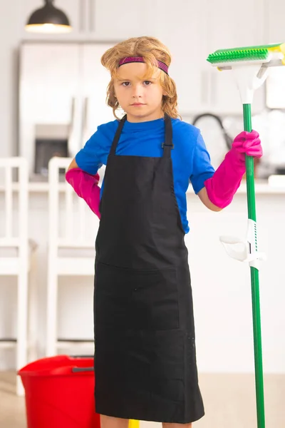 Kid Helping Housework Cleaning House Child Mopping House Cleaning Home — Stock Photo, Image