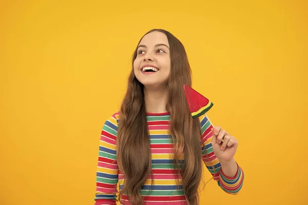 Teen Girl Hold Lollipop Caramel Yellow Background Candy Shop Teenager — Fotografia de Stock