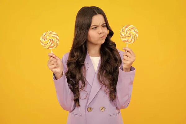 Thinking Teenager Girl Thoughtful Emotion Teenager Girl Eating Sugar Lollypop — Fotografia de Stock