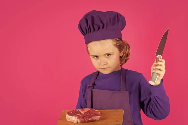 Child Cook Hold Cutting Board Meat Beef Steak Knife Kid — Fotografia de Stock