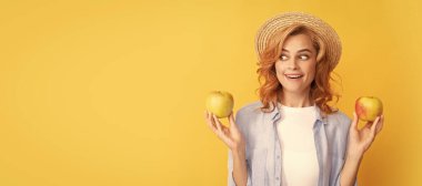 Woman isolated face portrait, banner with mock up copy space. natural organic fresh apple. healthy life. diet and skin beauty. dental care. lunch break. Summer female model with apple