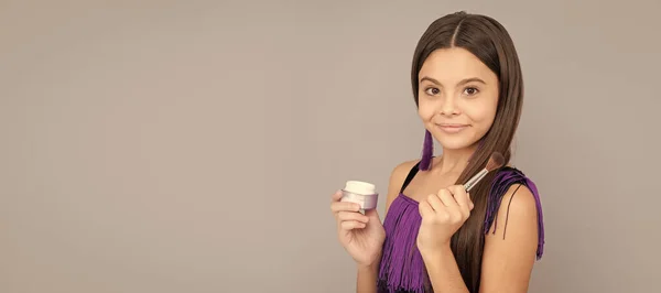 Beleza Tudo Sobre Maquiagem Menina Fundo Cinza Cosméticos Adolescentes Cosméticos — Fotografia de Stock