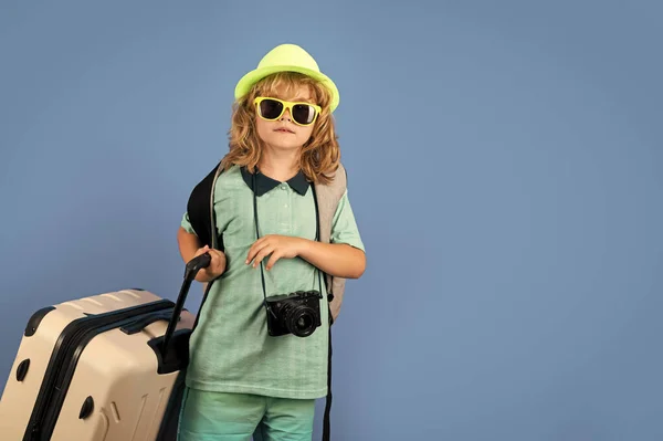 Child Traveler Suitcase Isolated Studio Background Tourist Kid Boy Portrait — Stock Photo, Image