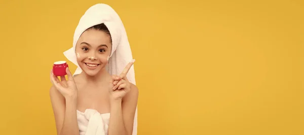 Happy Teen Child Shower Towel Apply Facial Cream Cosmetics Skin — Stockfoto