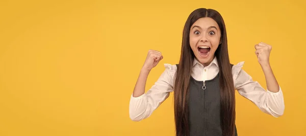 Happy Teenage Girl Winner Give Winning Gesture Celebrating Victory Yellow — Stock Photo, Image