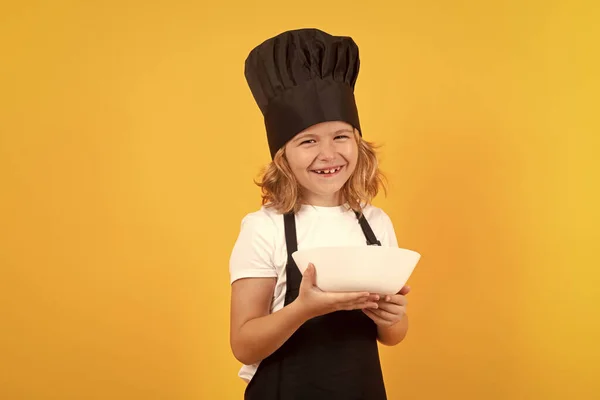 Funny Child Cook Cooking Plate Chef Kid Preparing Healthy Food — Foto Stock
