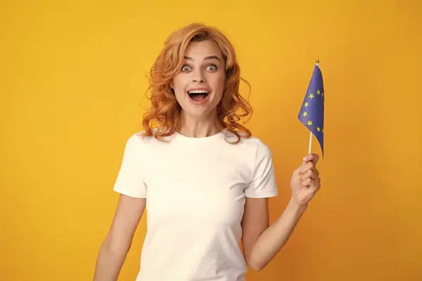 Young Excited Woman Holding Flag Europe Union Isolated Yellow Association — Φωτογραφία Αρχείου