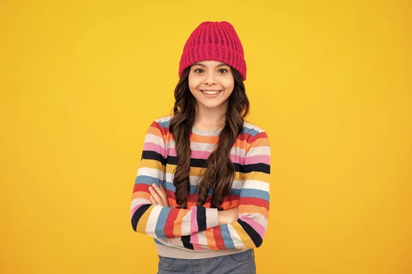 Beautiful Teen Girl Winter Hat Warm Sweater Child Yellow Isolated — Stok fotoğraf