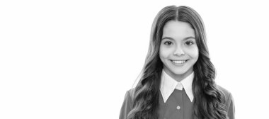 cheerful kid with curly hair. beauty and fashion. female fashion model. Child face, horizontal poster, teenager girl isolated portrait, banner with copy space