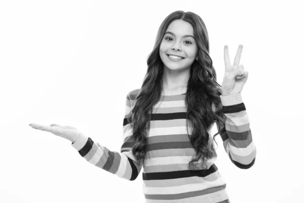 Cara Menina Feliz Emoções Positivas Sorridentes Olha Para Anúncio Adolescente — Fotografia de Stock