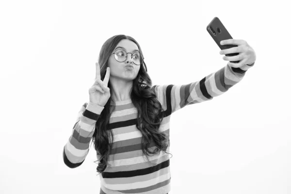 Kids Selfie Funny Face Teenager Child Girl Holding Smartphone Hipster — Zdjęcie stockowe