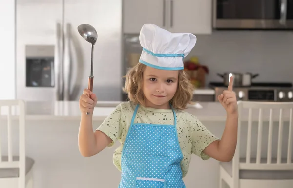 Fun Kids Kitchen Funny Little Kid Chef Cook Wearing Uniform —  Fotos de Stock