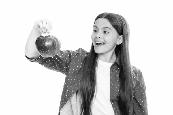 Teenager Child Girl Biting Tasty Green Apple Portrait Happy Smiling — стоковое фото