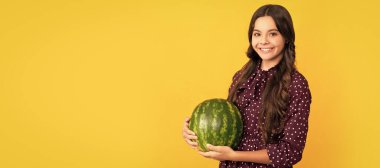 happy child hold fresh ripe water melon fruit, summer. Summer girl portrait with watermelon, horizontal poster. Banner header with copy space