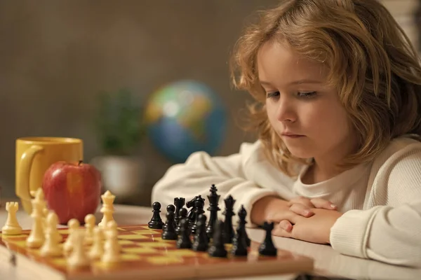 Clever Concentrated Thinking Kid Boy Playing Chess Brain Development Logic — Fotografia de Stock