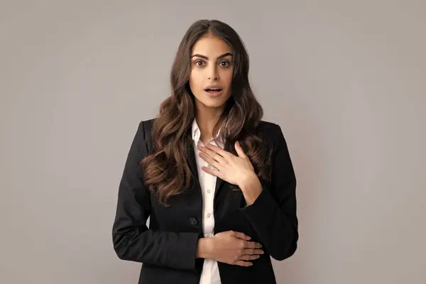 stock image Surprised astonished young business woman in suit. Portrait of excited amazed gasping girl. Expressive facial expressions