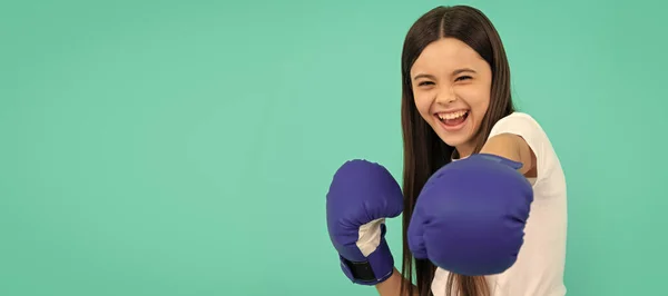 Happy Teen Girl Boxer Punching Boxing Gloves Sport Training Copy — Stock Photo, Image