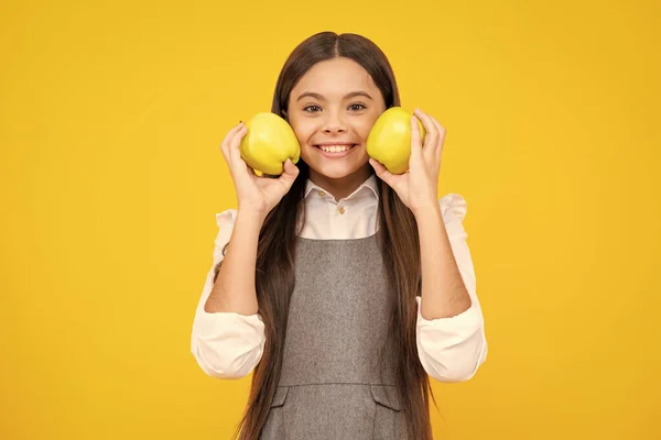 Child Girl Eating Apple Isolated Yellow Background Tennager Fruit — 스톡 사진