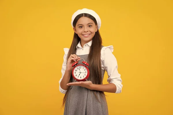 Child Teenager Girl Alrm Clock Isolated Yellow Background Time Deadline — Zdjęcie stockowe