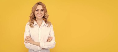 happy blonde businesswoman woman in white shirt, business. Woman isolated face portrait, banner with mock up copy space