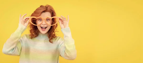 stock image Woman isolated face portrait, banner with copy space. oh my god. just having fun. funny girl wear big glasses. birthday party. express happiness