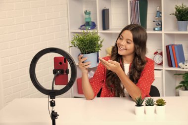 Video bloğu için kameranın önünde konuşan genç kız. Blogcu olarak çalışan bir genç, video blogu kaydediyor. Mutlu kız yüzü, pozitif ve gülümseyen duygular