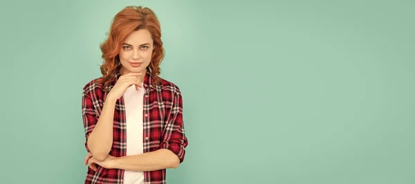 Flirty Redhead Woman Checkered Shirt Blue Background Woman Isolated Face — Fotografia de Stock