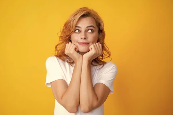 stock image Female model face. Happy smiling woman portrait. Attractive young pretty cheerful girl in casual clothing feeling happy and carefree, isolated background. Positive funny thinking