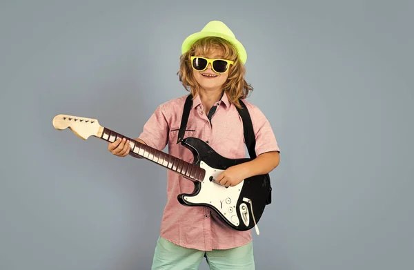 Child Musician Guitarist Playing Electric Guitar Cute Boy Plays Electric — Zdjęcie stockowe