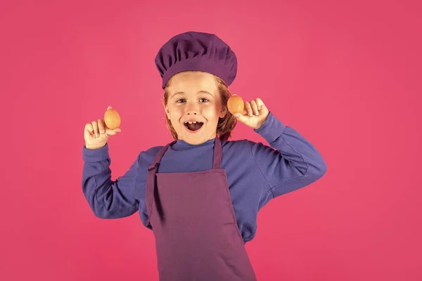 Child Cook Hold Eggs Cooking Children Chef Kid Boy Form — Fotografia de Stock