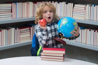 Okul öğrencisi sınıfta öğreniyor, okulda İngilizce öğreniyor. İlkokul çocuğu. Komik bir öğrencinin portresi.