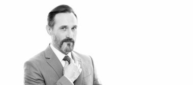 Man face portrait, banner with copy space. business success. successful man in businesslike suit. entrepreneur or manager