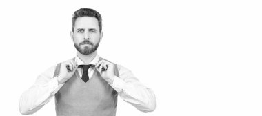 İnsan yüzü portresi, fotokopi alanı olan pankart. Beyaz üzerine izole resmi iş adamı