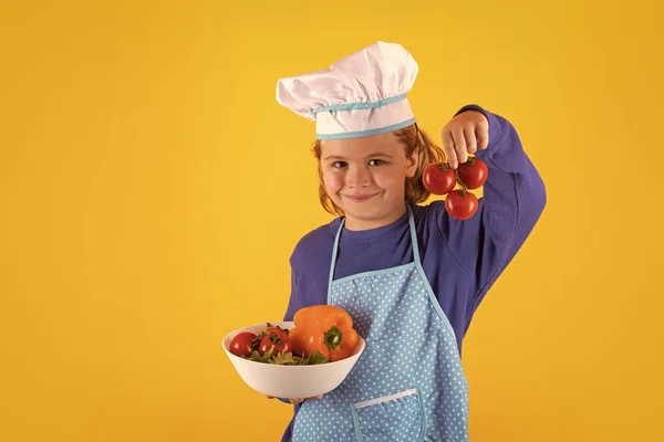Kid Cook Hold Tomato Cooking Culinary Kids Little Boy Chefs — Foto Stock