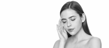 Woman beauty face, close up portrait, isolated banner with copy space. woman touch face. young girl with bare shoulders. lady portrait isolated on white. Beauty woman skin