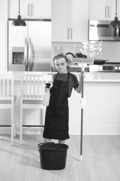Child Cleans Home Concept Kid Cleaning Mop Help Housework Little — Stock Photo, Image
