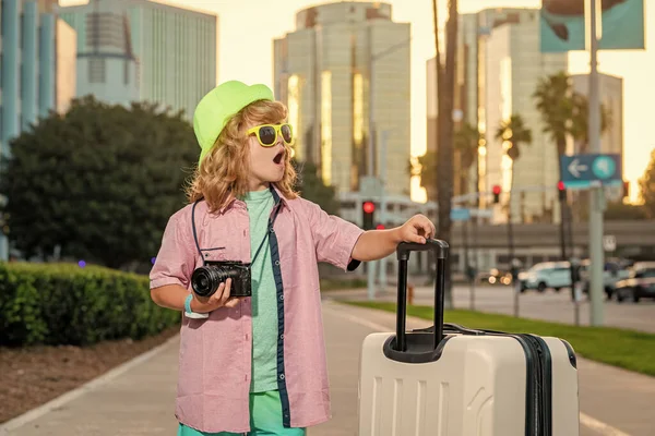 Portrait Modern Child Boy Luggage Suitcases Going Vacations Kids Travel — Stock Photo, Image