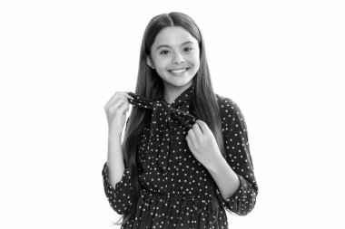 Portrait of happy smiling teenage child girl. Little kid girl 12,13, 14 years old on isolated background. Children studio portrait. Emotional kids face