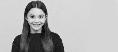 Child face, horizontal poster, teenager girl isolated portrait, banner with copy space