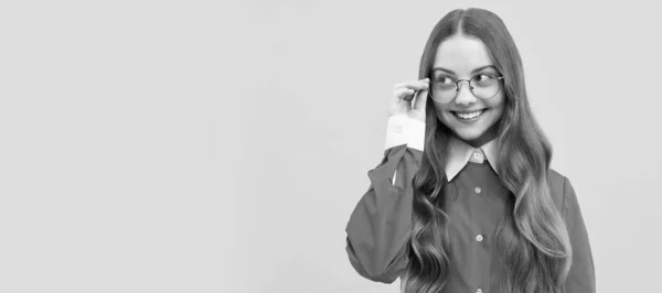 Happy Teenage School Girl Fix Eyeglasses Smiling Yellow Background Eyewear — Stock Photo, Image