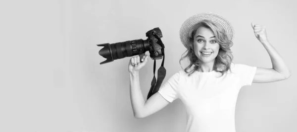 stock image Woman isolated face portrait, banner with mock up copy space. glad woman in straw hat photographing. girl hold photo camera